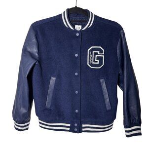 Gap Kids Varsity Jacket Navy Blue Faux Leather Wool Blend Large | Preppy Sporty